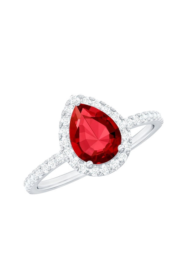 Certified Lab Grown Ruby Teardrop Engagement Ring - (6X8 mm) Pear Shaped Ruby Diamond Ring - AAAA Grade, 925 Sterling Silver, US 4.00