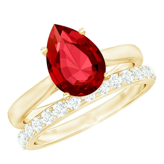 Rosec Jewels Lab Grown Ruby Bridal Ring Set with Moissanite | AAAA Quality 7X10 mm Pear Shaped Engagement Ring and Wedding Band, 14K Yellow Gold, US 12.00