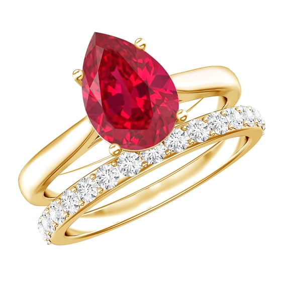 Rosec Jewels Lab Grown Ruby Bridal Ring Set with Moissanite | AAAA Quality 7x10 mm Pear Shaped Engagement Ring and Wedding Band, 14K Yellow Gold, US 12.00