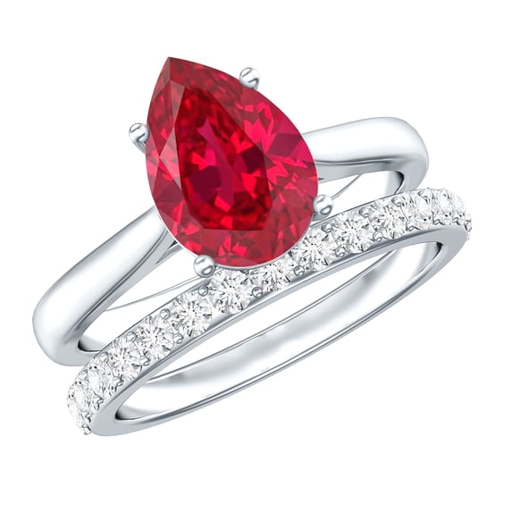 Rosec Jewels Lab Grown Ruby Bridal Ring Set with Moissanite | AAAA Quality 7x10 mm Pear Shaped Engagement Ring and Wedding Band, 925 Sterling Silver, US 4.00