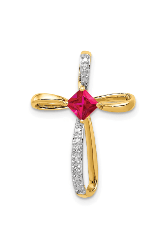 Ruby Diamond Cross Pendant 14K Yellow Gold and Rhodium Finish for Women