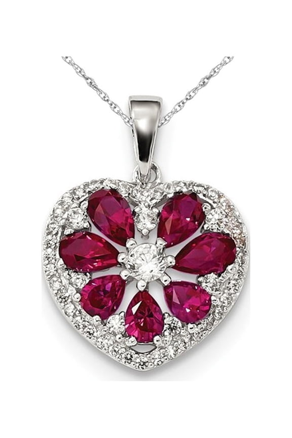 Lab Created Ruby and Synthetic CZ Heart Pendant Necklace in Sterling Silver with Chain