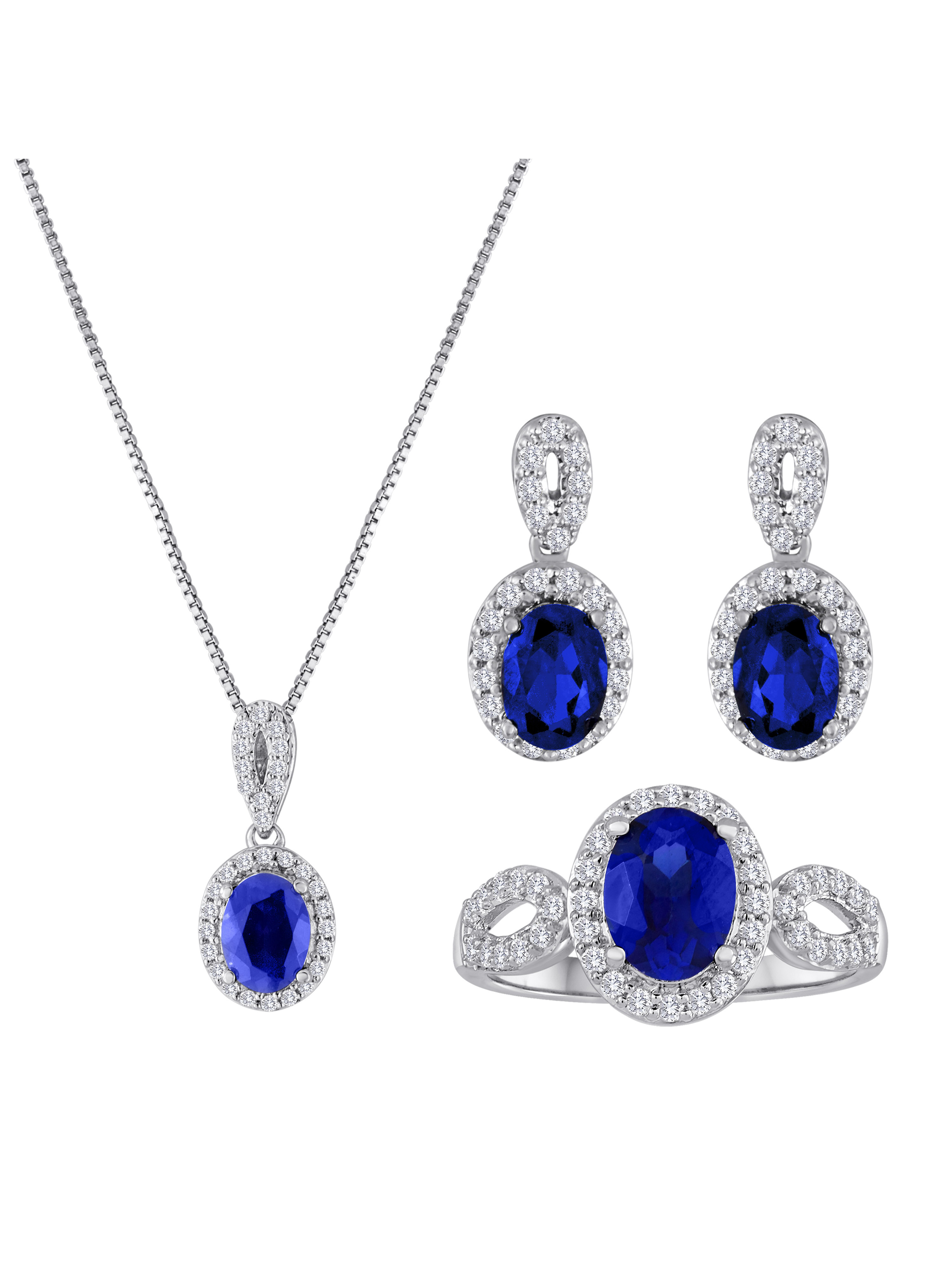 Lab-Created Sapphire and CZ Fine Silver-Plated Brass Boxed Set with Earring, Ring and Pendant, 18"