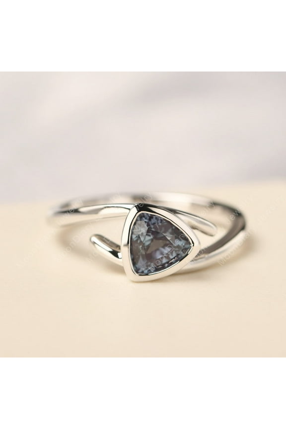 Lab Created Trillion cut alexandrite engagement ring bypass solitaire ring sterling silver bezel set June birthstone