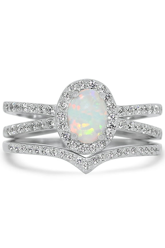 White Fire Opal Wedding Ring Set In Sterling Silver for Women Size 5