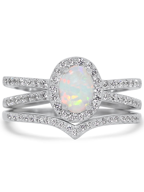 White Fire Opal Wedding Ring Set In Sterling Silver for Women Size 9