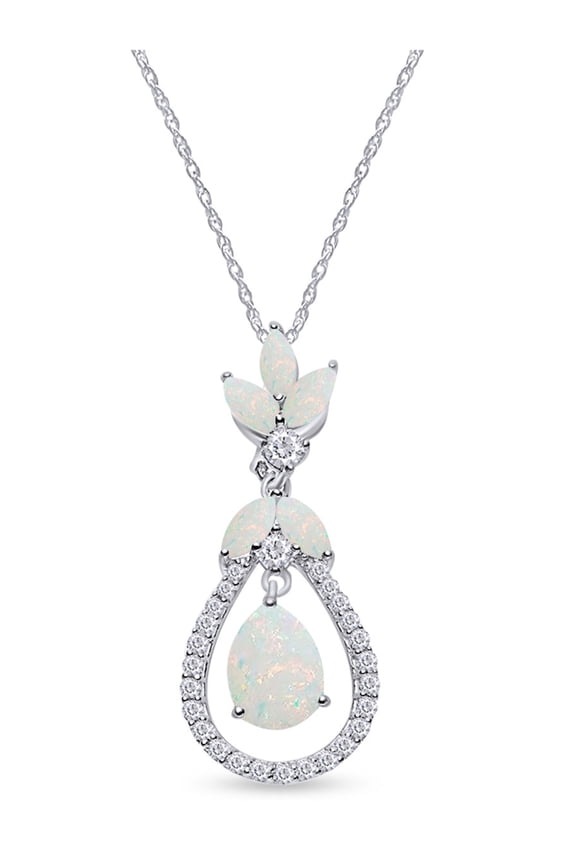 Lab Created White Opal Gemstone With Simulated White Sapphire Floating Teardrop Pendant Necklace In 14k White Gold Over Sterling Silver With 18" Chain