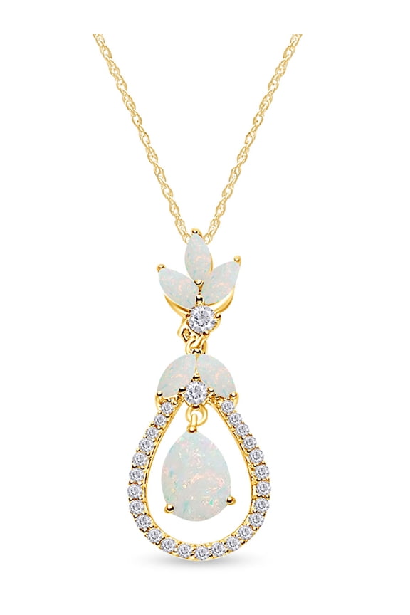 Lab Created White Opal Gemstone With Simulated White Sapphire Floating Teardrop Pendant Necklace In 14k Yellow Gold Over Sterling Silver With 18" Chain