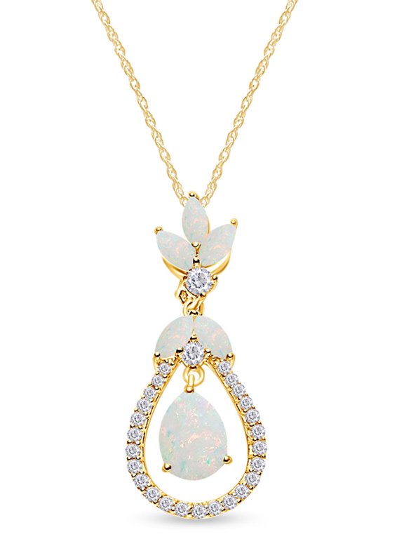 Lab Created White Opal Gemstone With Simulated White Sapphire Floating Teardrop Pendant Necklace In 14k Yellow Gold Over Sterling Silver With 18" Chain