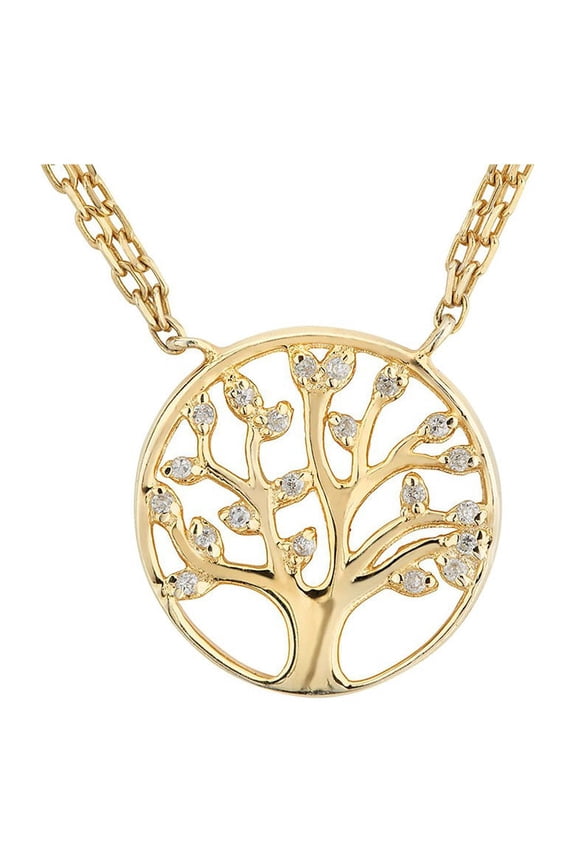 Lab-Created White Topaz - Tree of Life - Pendant Necklace in Yellow Sterling Silver with Chain for Women