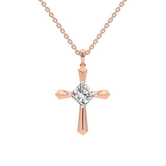 Lab Diamond Dangling Pendant Necklace For Women | 1 Carat IGI Certified Cushion Shape | Serenity Cross Lab Diamond Pendant In 18K Rose Gold | FG-VS1-VS2 Quality | Friendly Diamonds
