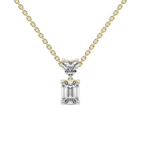 Lab Diamond Dangling Pendant Necklace For Women | 1 Carat IGI Certified Emerald Shape | Carina Two Stone Lab Diamond Pendant In 14K Yellow Gold | FG-VS1-VS2 Quality | Friendly Diamonds