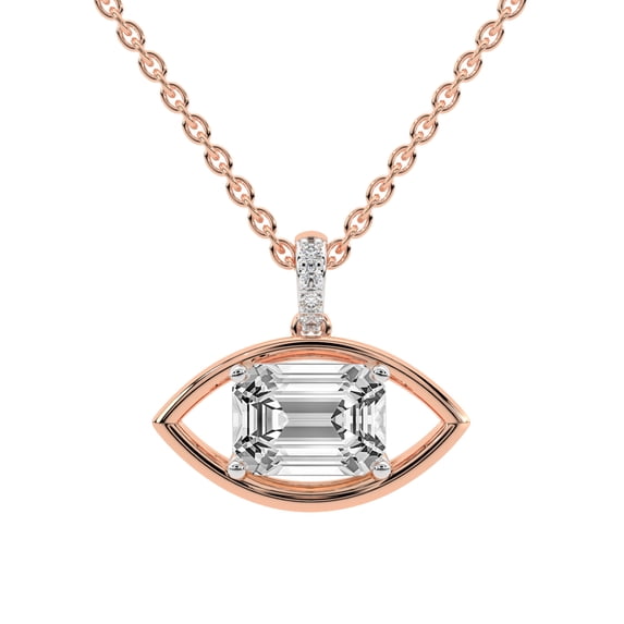 Lab Diamond Dangling Pendant Necklace For Women | 1 Carat IGI Certified Emerald Shape | Evil Eye Charm Lab Diamond Pendant In 18K Rose Gold | FG-VS1-VS2 Quality | Friendly Diamonds