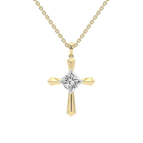 Lab Diamond Dangling Pendant Necklace For Women | 1 Carat IGI Certified Princess Shape | Serenity Cross Lab Diamond Pendant In 18K Yellow Gold | FG-VS1-VS2 Quality | Friendly Diamonds