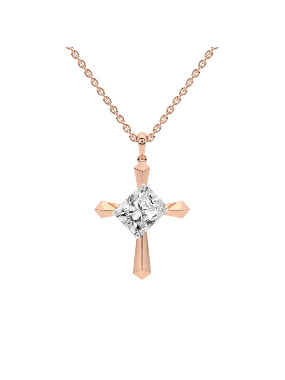 Lab Diamond Dangling Pendant Necklace For Women | 1 Carat IGI Certified Radiant Shape | Serenity Cross Lab Diamond Pendant In 14K Rose Gold | FG-VS1-VS2 Quality | Friendly Diamonds