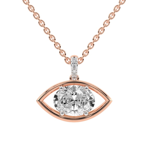 Lab Diamond Dangling Pendant Necklace For Women | 2 Carat IGI Certified Oval Shape | Evil Eye Charm Lab Diamond Pendant In 14K Rose Gold | FG-VS1-VS2 Quality | Friendly Diamonds