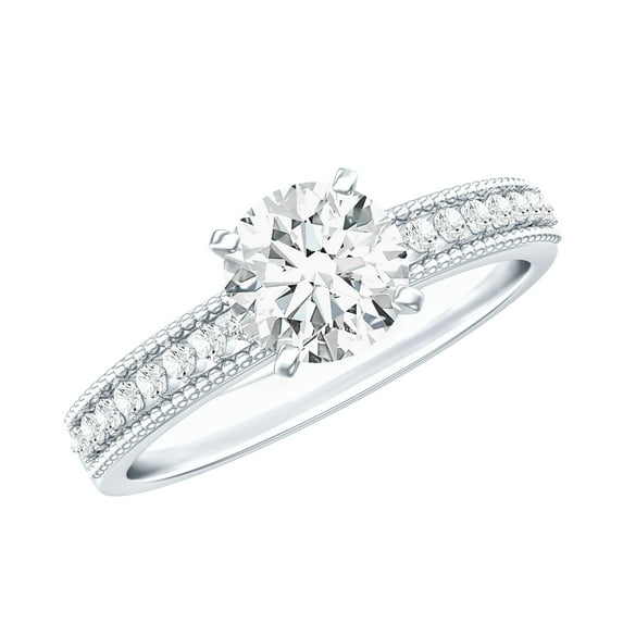 Rosec Jewels Lab Diamond Engagment Ring with Side Stones - 1 Ct - 6 mm - EF-VS Quality, 10K White Gold, US 4.50