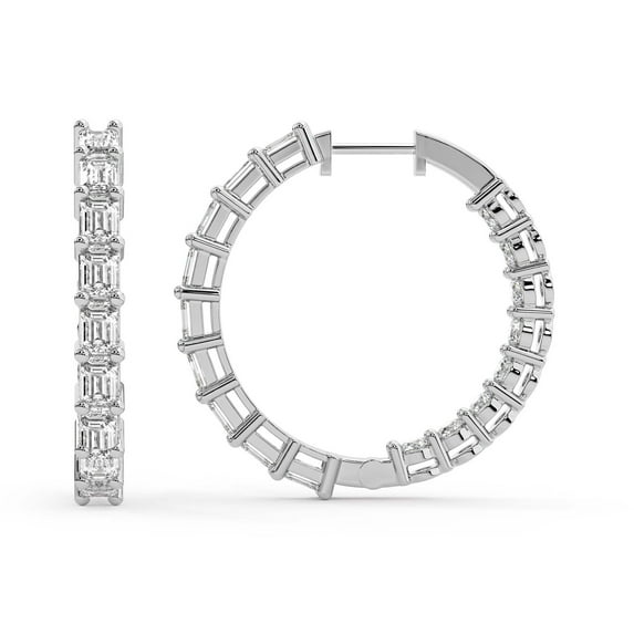 Lab Diamond Hoop Earring | 3 Carat IGI Certified Emerald & Round Shape Willa Hoop Earrings | 14K White Gold | Prong Setting FG-VS1-VS2 Quality | Friendly Diamonds