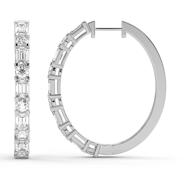 Lab Diamond Hoop Earring | 6 Carat IGI Certified Emerald & Round Shape Olea Hoop Earrings | 14K White Gold | Prong Setting FG-VS1-VS2 Quality | Friendly Diamonds