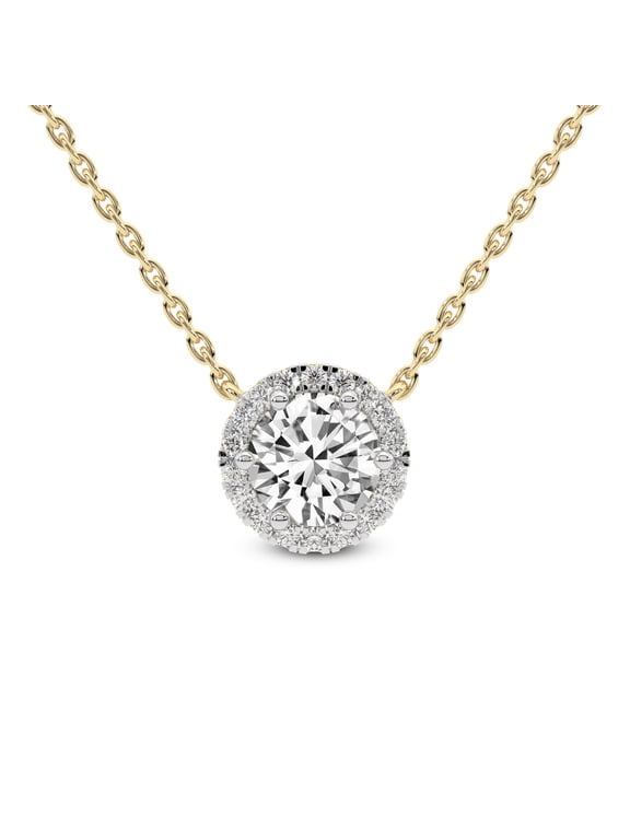 Lab Diamond Pendant Necklace For Women | 1 Ct IGI Certified Round Lab Grown Diamond | Belleza Halo Round Solitaire Diamond Pendant With Chain | 14K Yellow Gold | FG-VS Quality