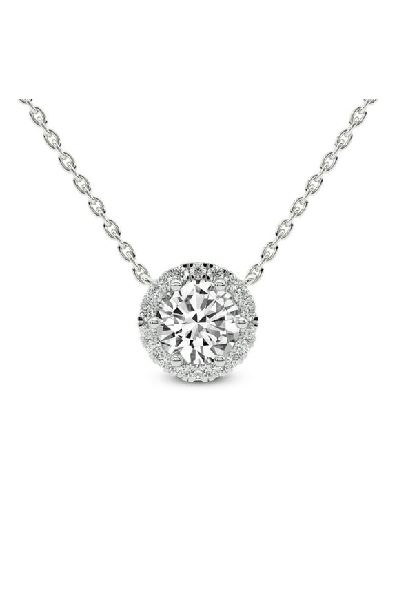 Lab Diamond Pendant Necklace For Women | 2 Ct IGI Certified Round Lab Grown Diamond | Belleza Halo Round Solitaire Diamond Pendant With Chain | 14K White Gold | FG-VS Quality