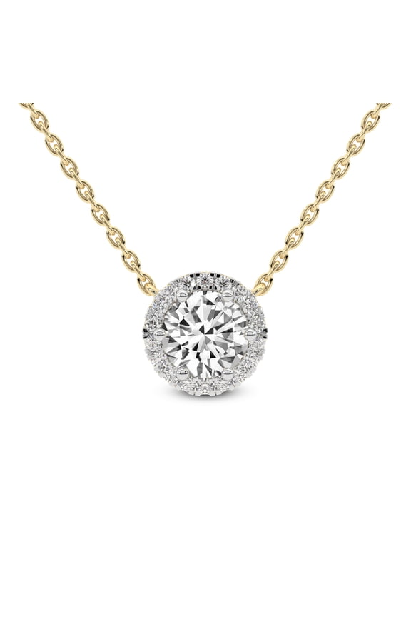 Lab Diamond Pendant Necklace For Women | 3 Ct IGI Certified Round Lab Grown Diamond | Belleza Halo Round Solitaire Diamond Pendant With Chain | 14K Yellow Gold | FG-VS Quality