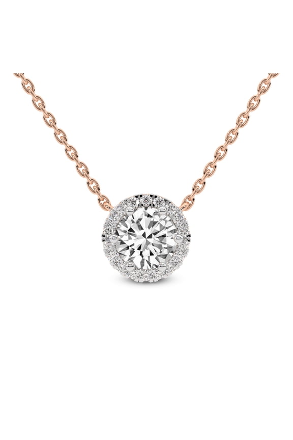 Lab Diamond Pendant Necklace For Women | 6 Ct IGI Certified Round Lab Grown Diamond | Belleza Halo Round Solitaire Diamond Pendant With Chain | 14K Rose Gold | FG-VS Quality