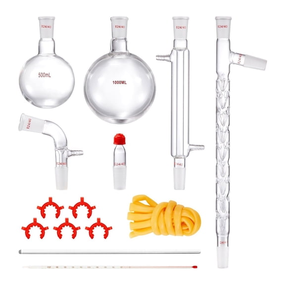 Lab Distillation Kit 3.3 Borosilicate Glassware, 1000ml Essential Oil Distillation Apparatus, 24/40 Joint, 14pcs Lab Equipment Set