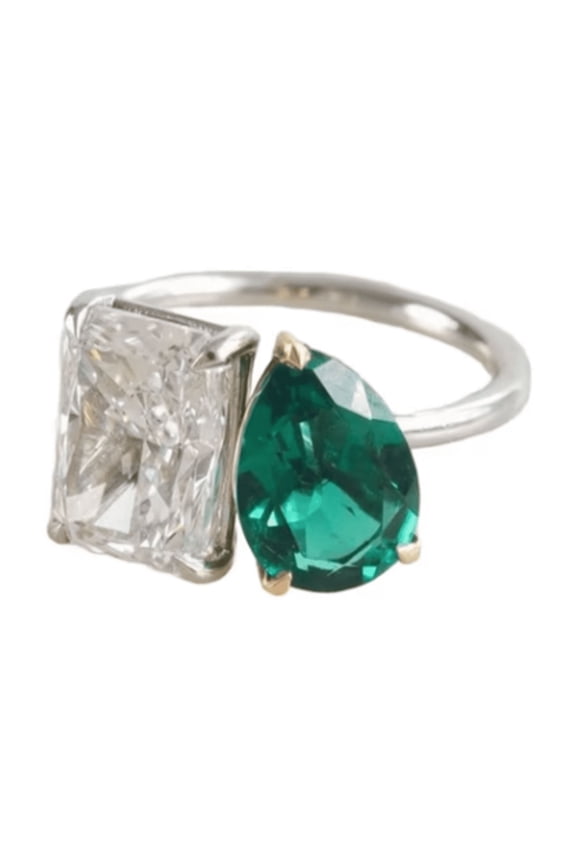925 Silver Octagon Cut 1.24 Cts Moissanite, Pear Cut Lab-Created Emerald Rings For Women