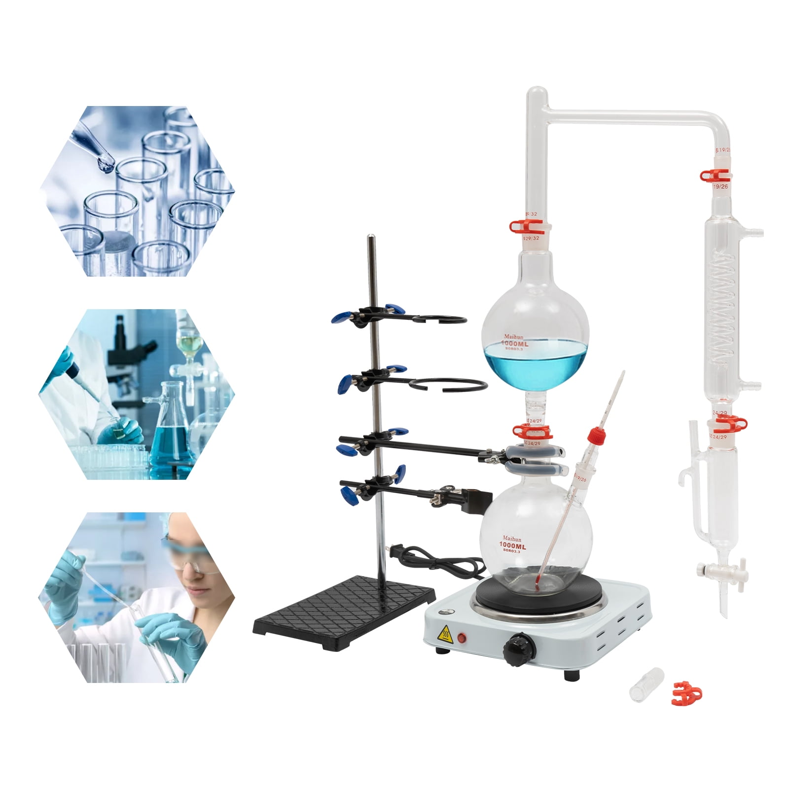 Lab Essential Oil Distillation Apparatus Complete and Professional Kit 1.06qt 2-neck Boiling Flask +1000ml Filling Flask & Electric Heater Furnace for Family Research Center University