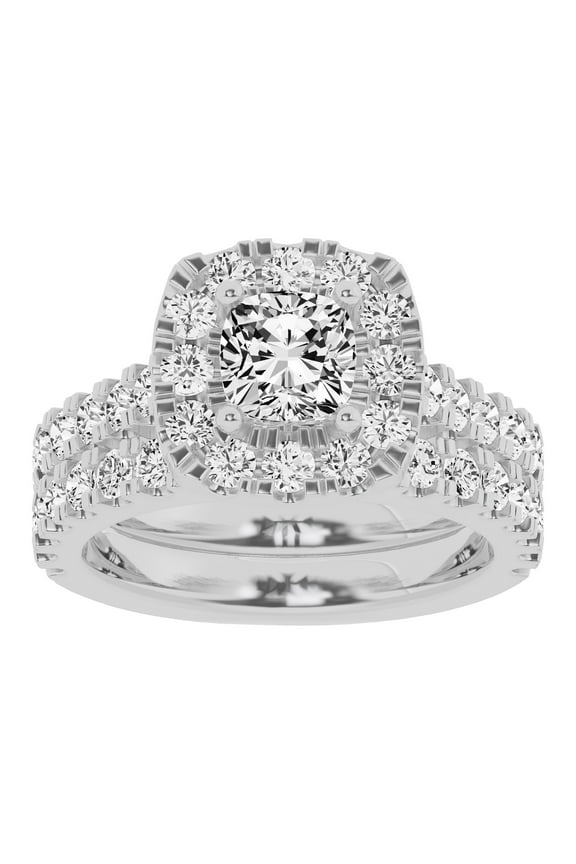 Unique Moments 3 Ctw Lab Grown Diamond Cushion Solitaire Bridal Set, Engagement Ring for Women 10K White Gold