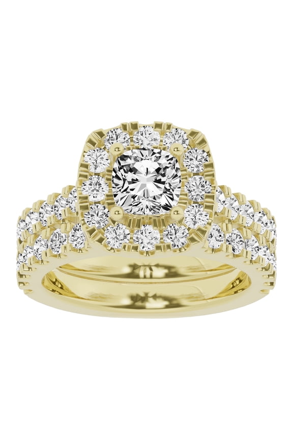 Unique Moments 3 Ctw Lab Grown Diamond Cushion Solitaire Bridal Set, Engagement Ring for Women 10K Yellow Gold