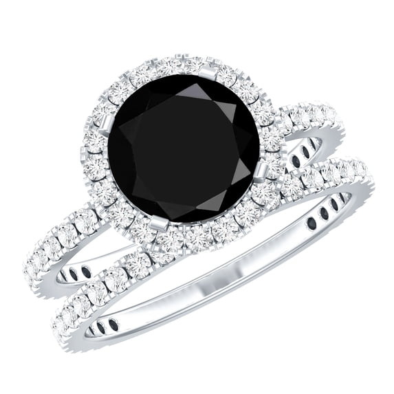 Rosec Jewels Lab Grown Black Diamond Wedding Bridal Ring Set for Women - AAAA Quality - Halo Engagement Ring with Enhancer, 14K White Gold, US 8.50