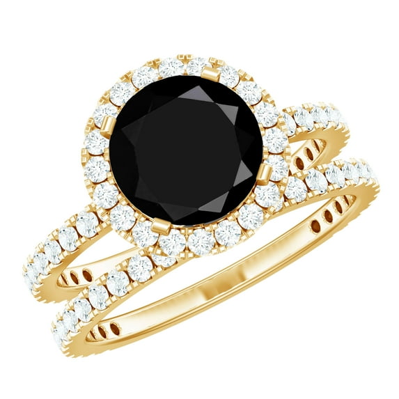 Rosec Jewels Lab Grown Black Diamond Wedding Bridal Ring Set for Women - AAAA Quality - Halo Engagement Ring with Enhancer, 14K Yellow Gold, US 6.00