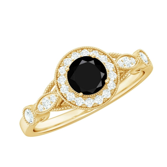 Rosec Jewels Lab Grown Black White Diamond Engagement Ring - Vintage Style Ring for Women - AAAA Quality - with Jewelry Box, 10K Yellow Gold, US 13.00