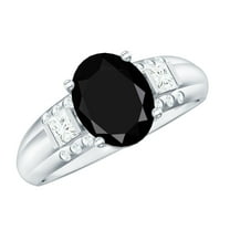 Rosec Jewels Lab Grown Black Diamond Solitaire Statement Ring with Diamond - 8X10 mm, 925 Sterling Silver, US 4.00