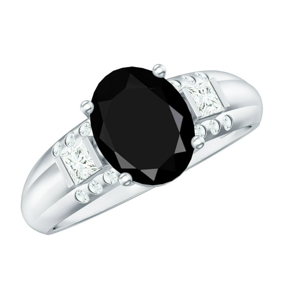 Rosec Jewels Lab Grown Black Diamond Solitaire Statement Ring with Diamond - 8X10 mm, 925 Sterling Silver, US 4.00