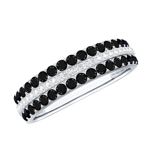 Rosec Jewels Certified Lab Grown Black and White Diamond Wedding Band- 3 Row Wide Half Eternity Band Ring - with Jewelry Box, 925 Sterling Silver, US 4.00