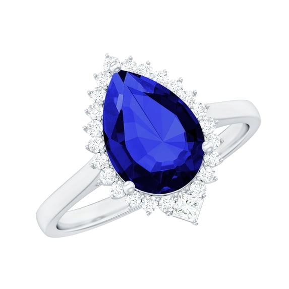 Rosec Jewels Lab Grown Blue Sapphire Teardrop Engagement Ring with Diamond Halo - Statement Ring - AAAA Grade - with Jewelry Box, 14K White Gold, US 3.50