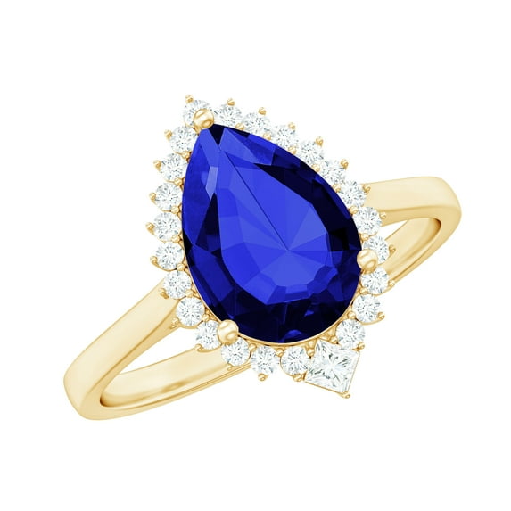 Rosec Jewels Lab Grown Blue Sapphire Teardrop Engagement Ring with Diamond Halo - Statement Ring - AAAA Grade - with Jewelry Box, 14K Yellow Gold, US 3.50