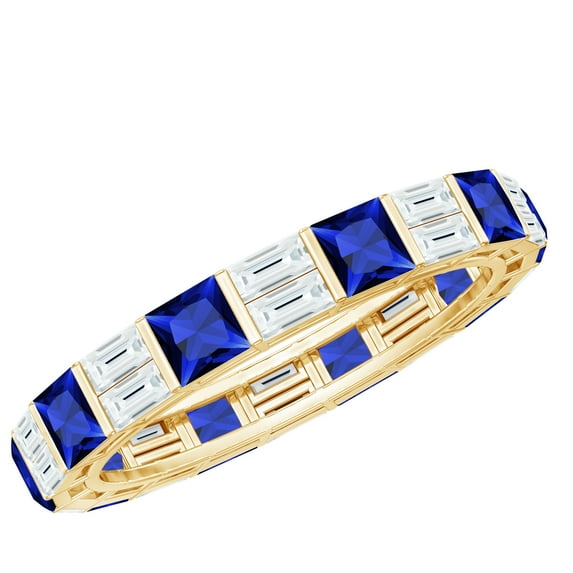 Rosec Jewels Certified Lab Grown Blue Sapphire Eternity Ring Band with Moissanite - Ready to Gift for 5th Anniversary, 10K Yellow Gold, US 13.00