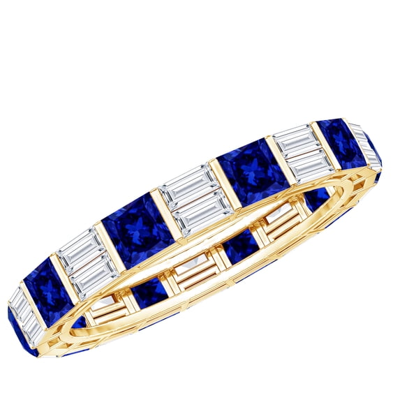 Rosec Jewels Certified Lab Grown Blue Sapphire Eternity Ring Band with Moissanite - Ready to Gift for 5th Anniversary, 10K Yellow Gold, US 13.00