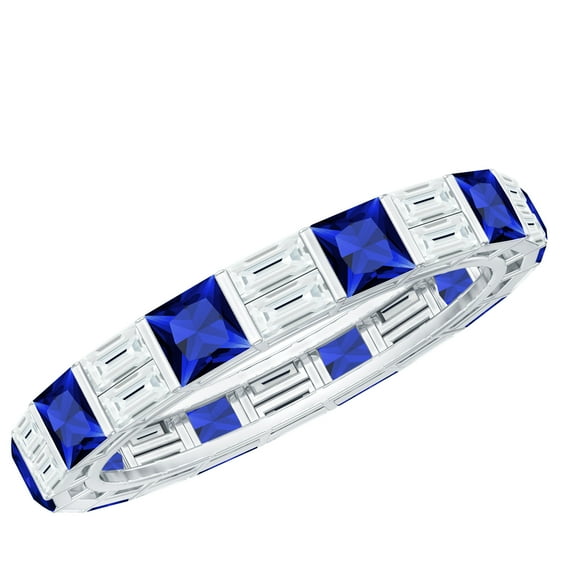 Rosec Jewels Certified Lab Grown Blue Sapphire Eternity Ring Band with Moissanite - Ready to Gift for 5th Anniversary, 18K White Gold, US 3.50