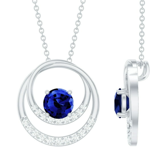 Rosec Jewels Lab Grown Blue Sapphire Eternity Pendant Necklace for Women with Moissanite (6 mm), 925 Sterling Silver