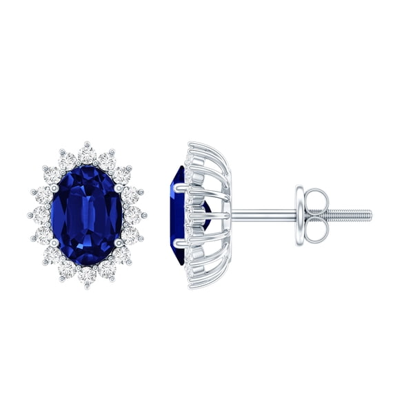 Rosec Jewels Lab Grown Blue Sapphire Halo Earrings in Silver - 5X7 mm Oval Sapphire Earrings Screw Back (AAAA Grade) - September Birthstone