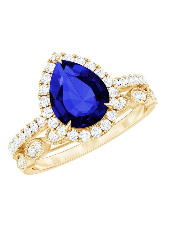 Lab Grown Blue Sapphire Ring Set with Diamond - Designer Ring Set, 10K Yellow Gold, US 12.00