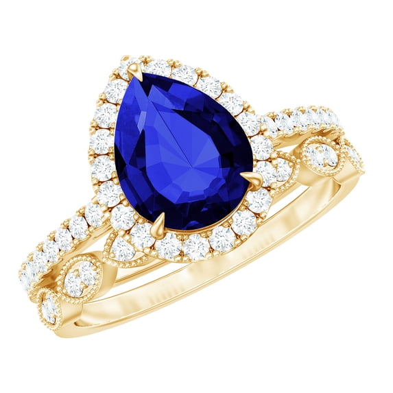 Lab Grown Blue Sapphire Ring Set with Diamond - Designer Ring Set, 18K Yellow Gold, US 7.00