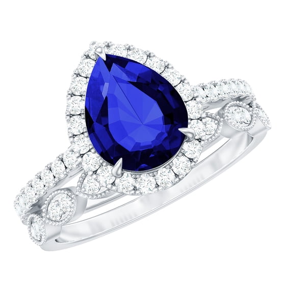 Lab Grown Blue Sapphire Ring Set with Diamond - Designer Ring Set, 925 Sterling Silver, US 4.00
