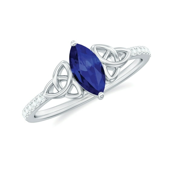 Rosec Jewels Lab Grown Blue Sapphire Solitaire Celtic Ring with Diamond - 4X8 mm - AAAA Grade, 14K White Gold, US 7.00