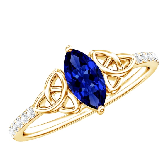 Rosec Jewels Lab Grown Blue Sapphire Marquise Engagement Ring with Celtic Knot (0.75 Ct, AAAA Grade) - Blue Sapphire Diamond Ring, 18K Yellow Gold, US 8.00